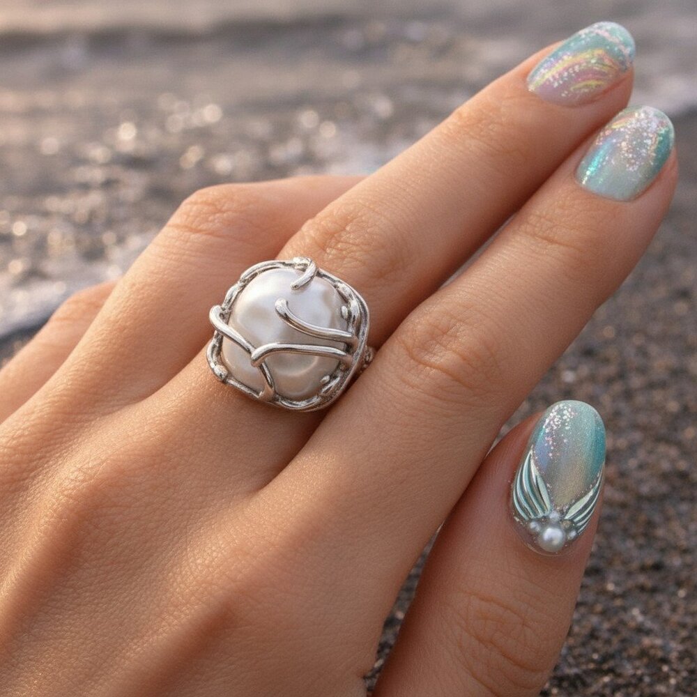 925 Sterling Silver Sculptural Faux Baroque Pearl Statement Ring Adjustable 6-9 - Picture 13 of 16